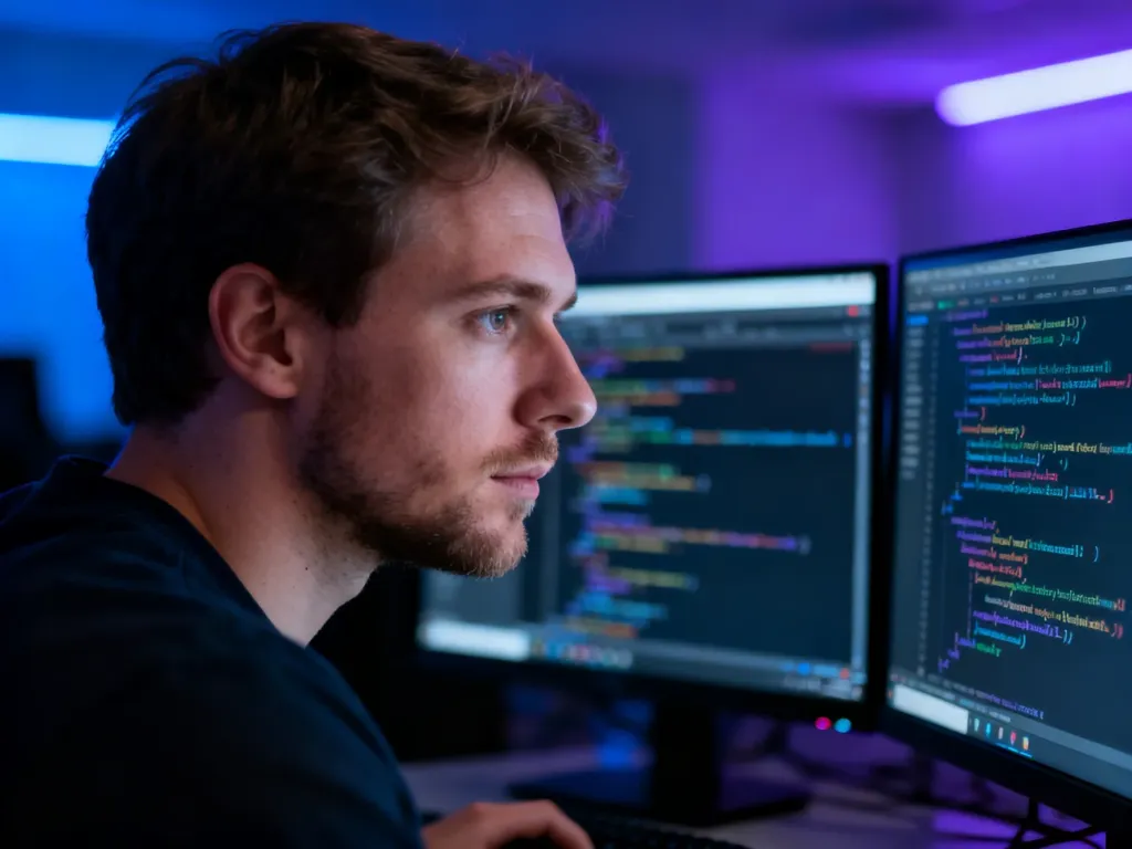 Programista skupiony na pisaniu kodu na wielu monitorach w nowoczesnym biurze z nastrojowym oświetleniem.