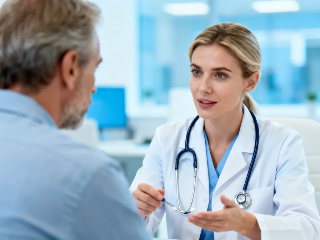 Lekarka w białym kitlu wyjaśnia diagnozę pacjentowi w nowoczesnym gabinecie lekarskim.