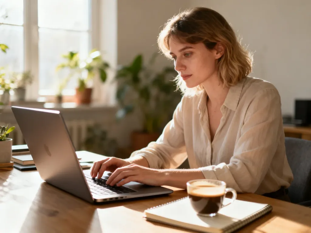 Kobieta pracująca przy laptopie w przytulnym domowym biurze, co podkreśla profesjonalną atmosferę pracy zdalnej.