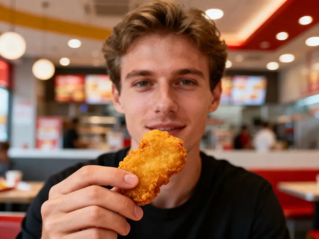 Złocisty, chrupiący nugget z kurczaka trzymany w dłoni na tle wnętrza restauracji McDonald’s.