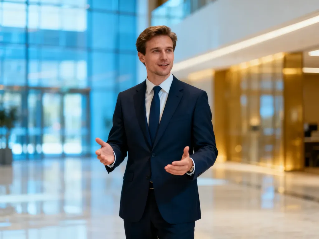 Pewny siebie biznesmen w biurowym lobby, gestykulujący podczas profesjonalnej prezentacji.
