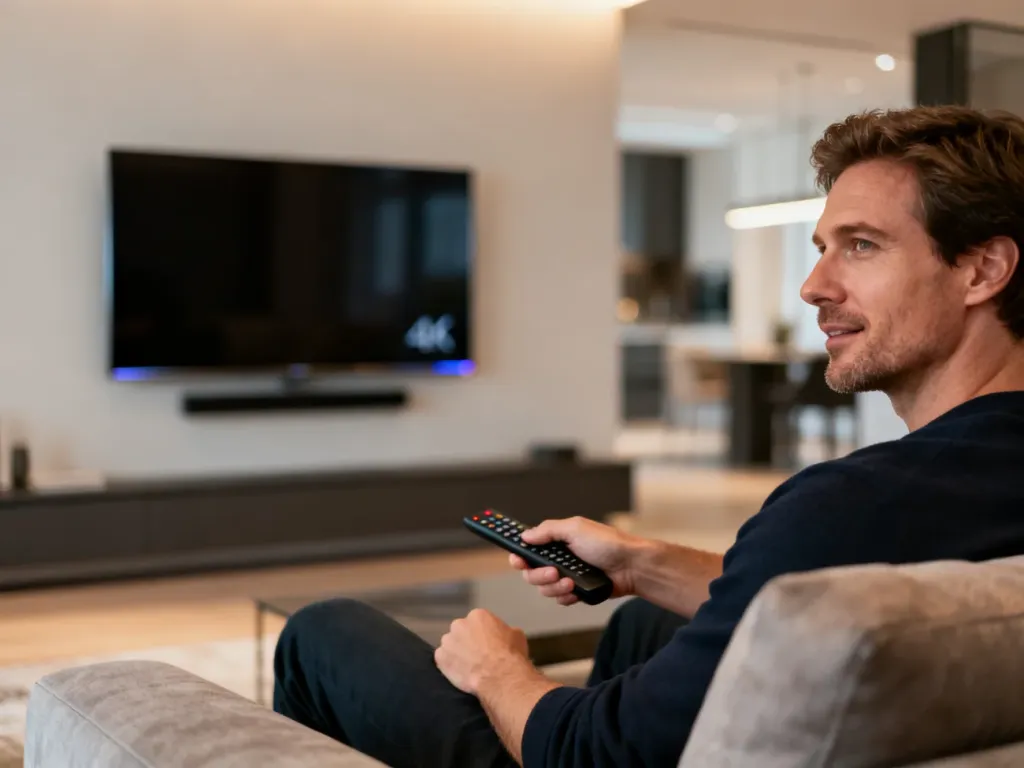 Mężczyzna siedzący na kanapie przed nowoczesnym telewizorem TCL w minimalistycznym salonie.