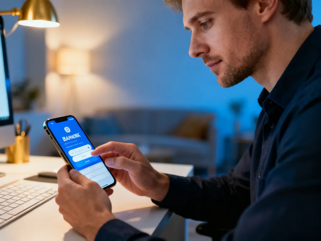 Mężczyzna w nowoczesnym biurze loguje się do aplikacji bankowej na smartfonie, dbając o bezpieczeństwo swoich finansów.