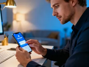 Kobieta trzymająca smartfon obok paczki na drewnianym stole, sugerująca oczekiwanie na dostawę zamówienia z Temu.