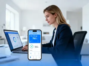 Mężczyzna korzystający z laptopa i smartfona w domowym biurze, ilustrujący bezpieczne logowanie do bankowości internetowej.