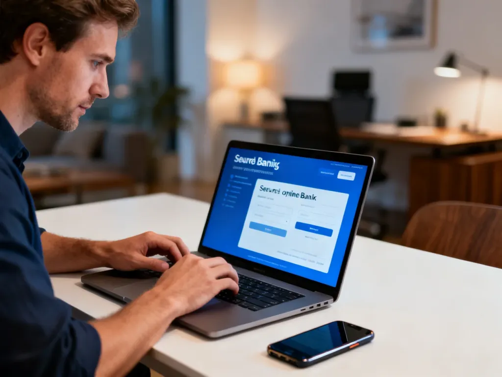 Mężczyzna korzystający z laptopa i smartfona w domowym biurze, ilustrujący bezpieczne logowanie do bankowości internetowej.